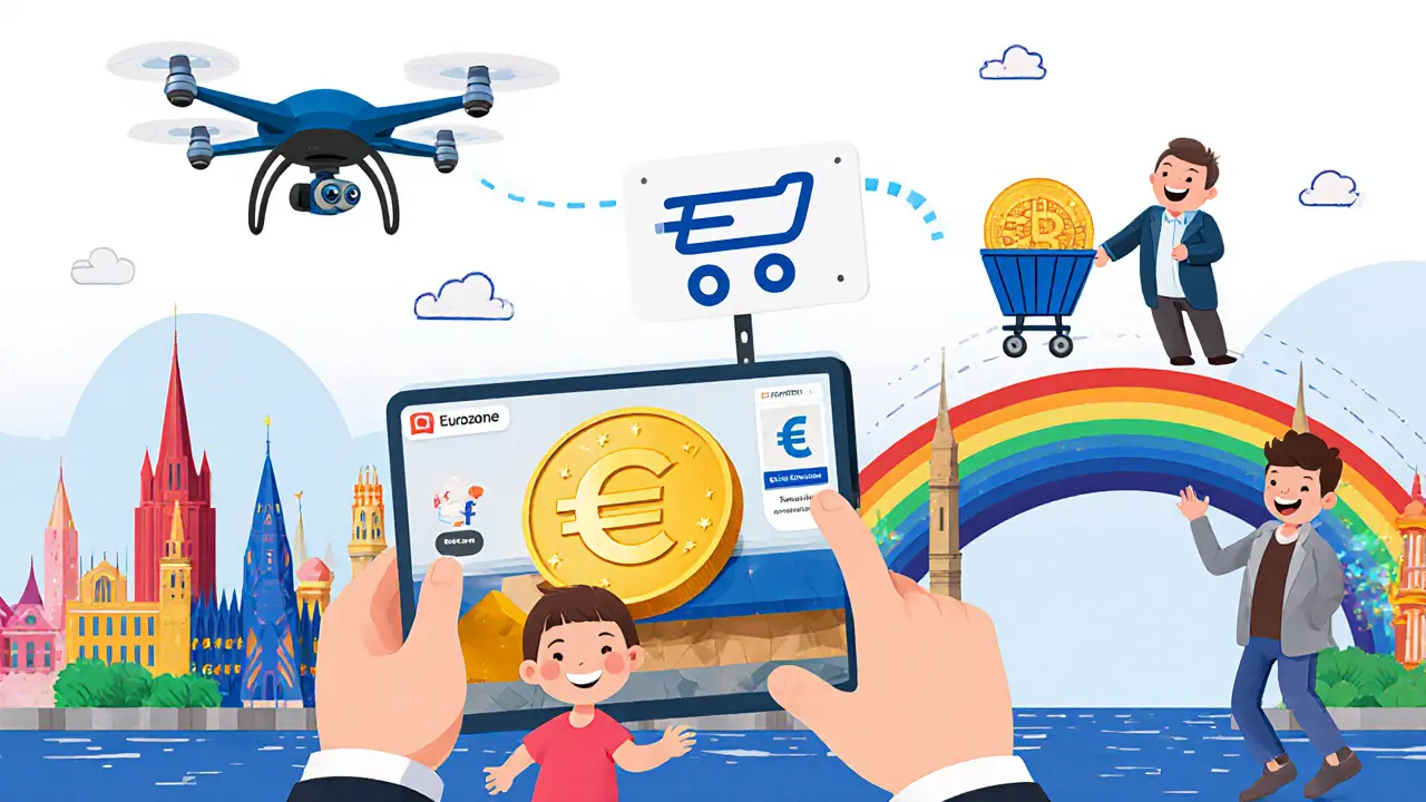 Famille heureuse utilise un token euro sur tablette, avec drone de livraison et boutique en ligne.