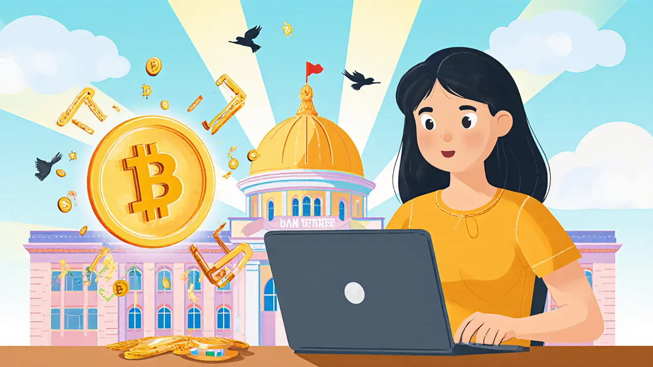 Jeune développeuse tunisienne devant le parlement, imaginant un futur avec CBDC et crypto légalisée.