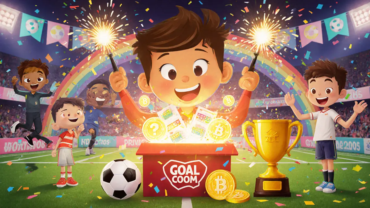 Joueur ouvrant une Mystery Box avec NFTs et tokens GOAL, ambiance festive.