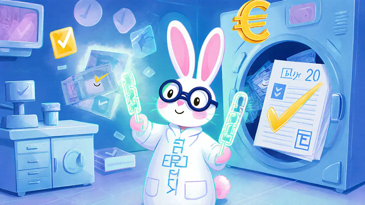 Laboratoire ludique avec un lapin scientifique examinant deux chaînes ERC‑20 et BEP‑20 et un coffre d'euros.