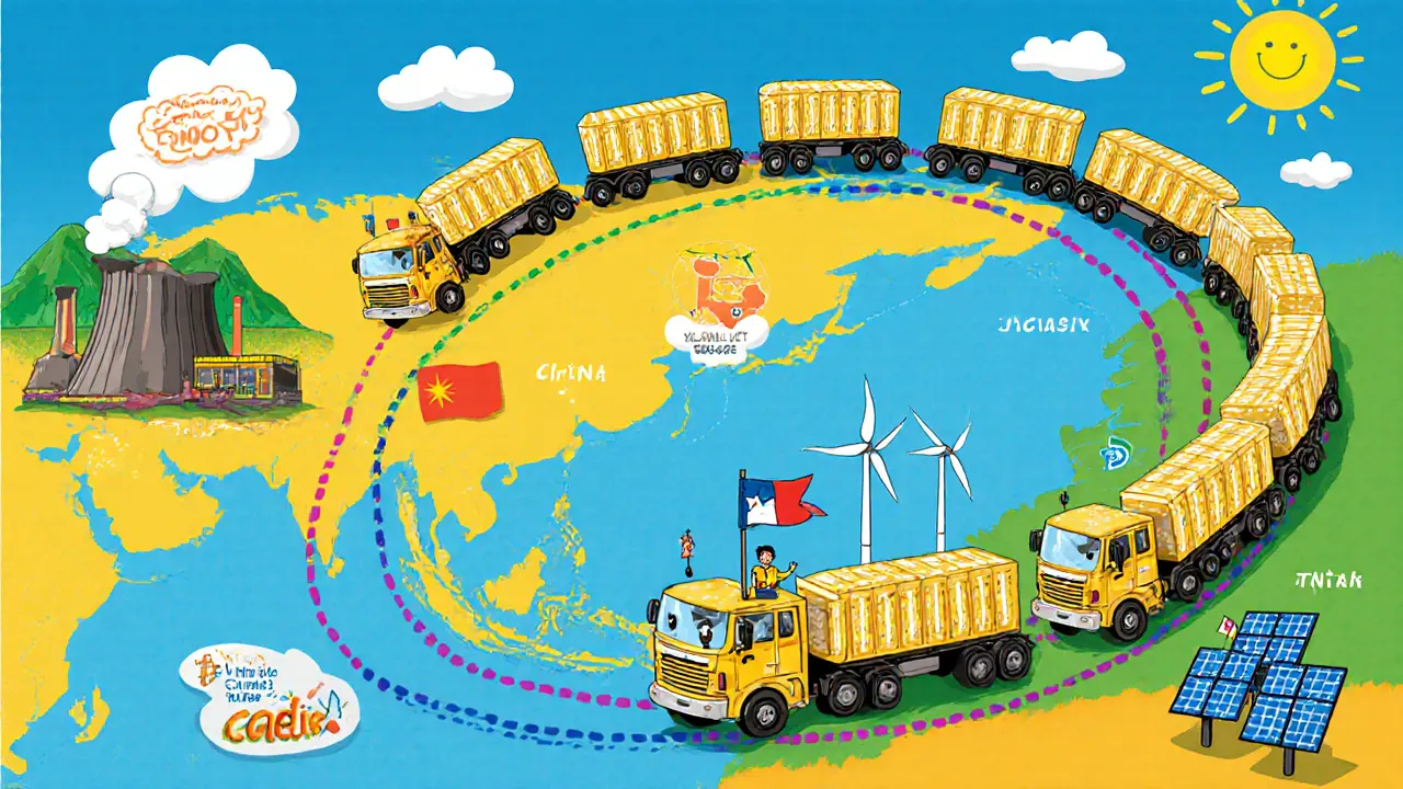 Camions transportent des ASIC de Chine vers le Kazakhstan et le Texas sur une carte ludique.