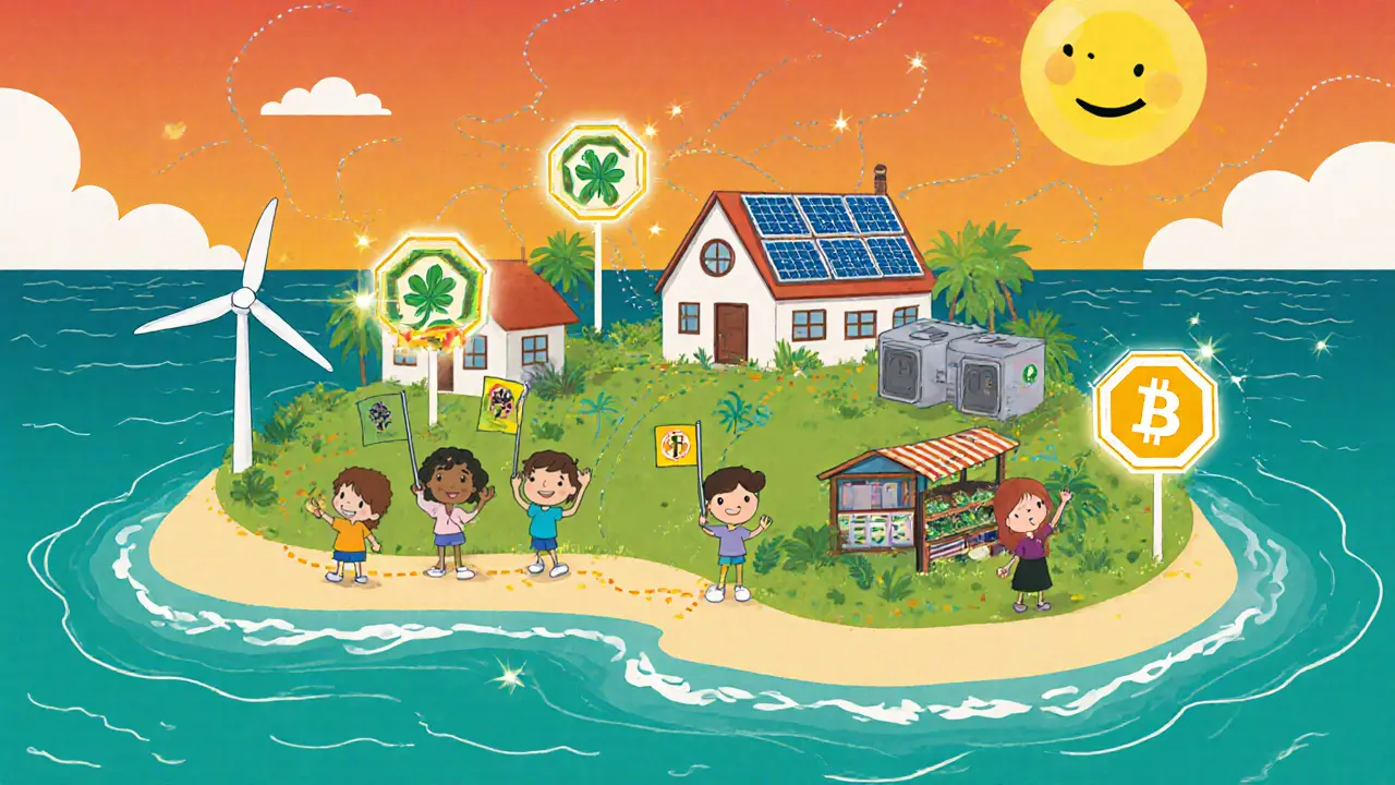 Communauté insulaire utilisant un micro‑grid décentralisé avec blockchain, illustration ludique.
