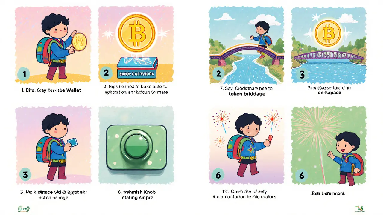Enfant héros suit 7 étapes Web3 : portefeuille, on‑ramp, réseau, pont, réglage, signature, confirmation.