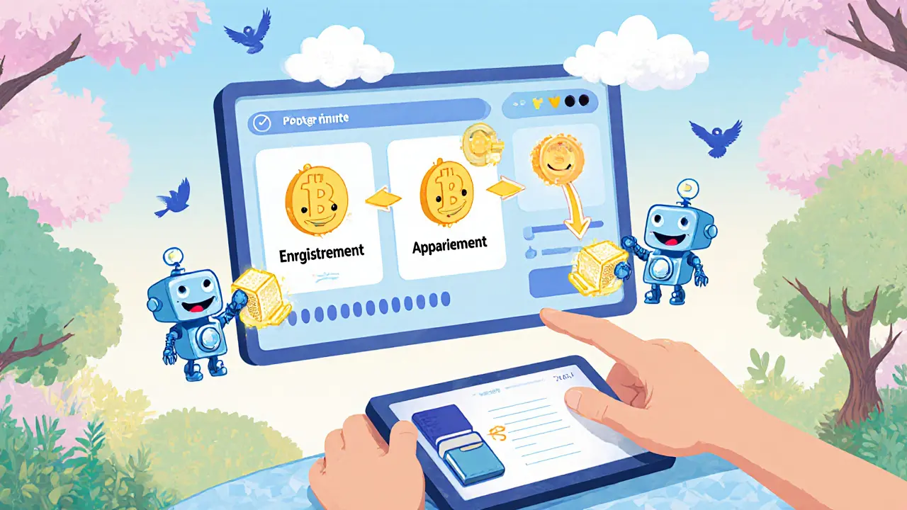 Interface cartoon montrant registre blockchain et contrats intelligents pour le trading d’énergie.