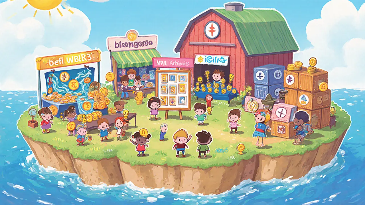 Marché flottant animé montrant des stands DeFi, NFT, DAO, jeux et stockage décentralisé.