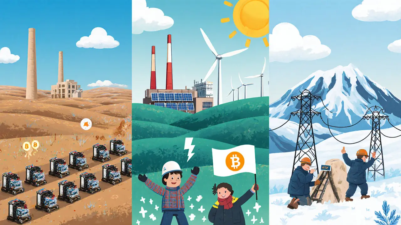 Scènes illustrées de mines de Bitcoin au Kazakhstan, au Texas et en Russie avec énergie bon marché.