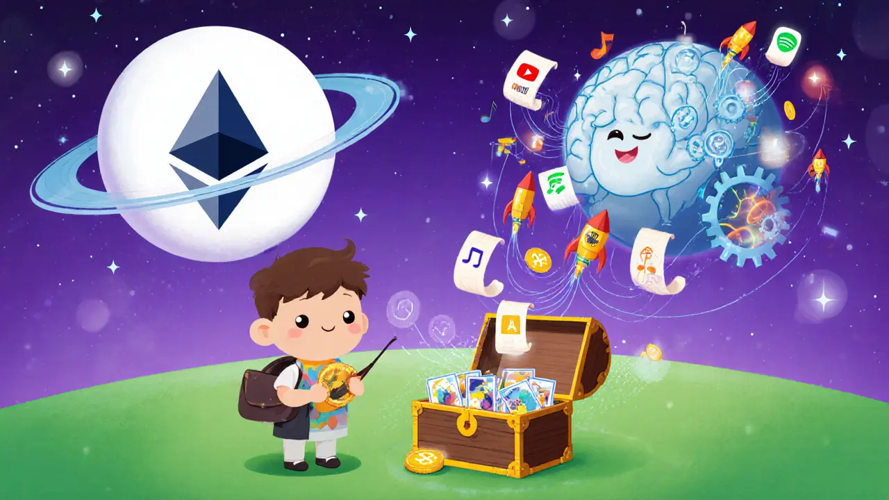 Artiste avec portefeuille, logo Ethereum, IA et flux de streaming transformés en NFT et OPUL.