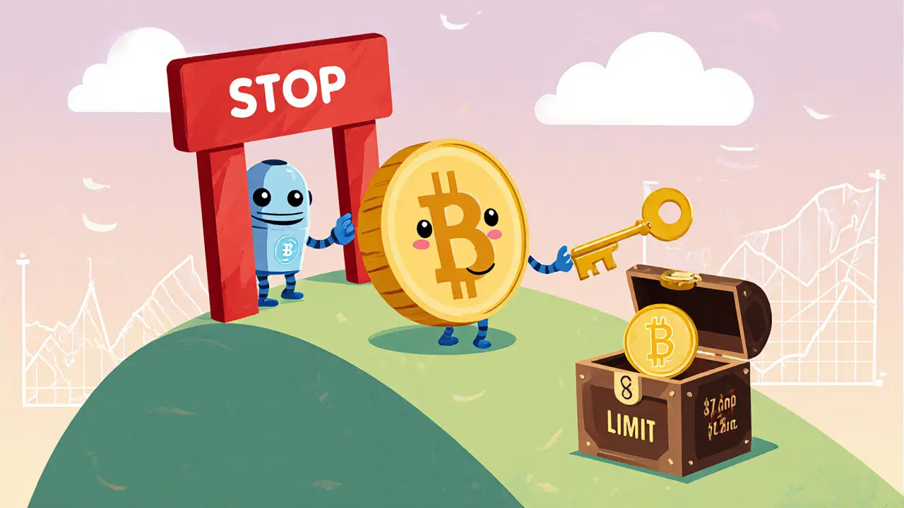 Bitcoin rollant vers une porte "Stop" puis recevant la clé "Limit" d'un robot.