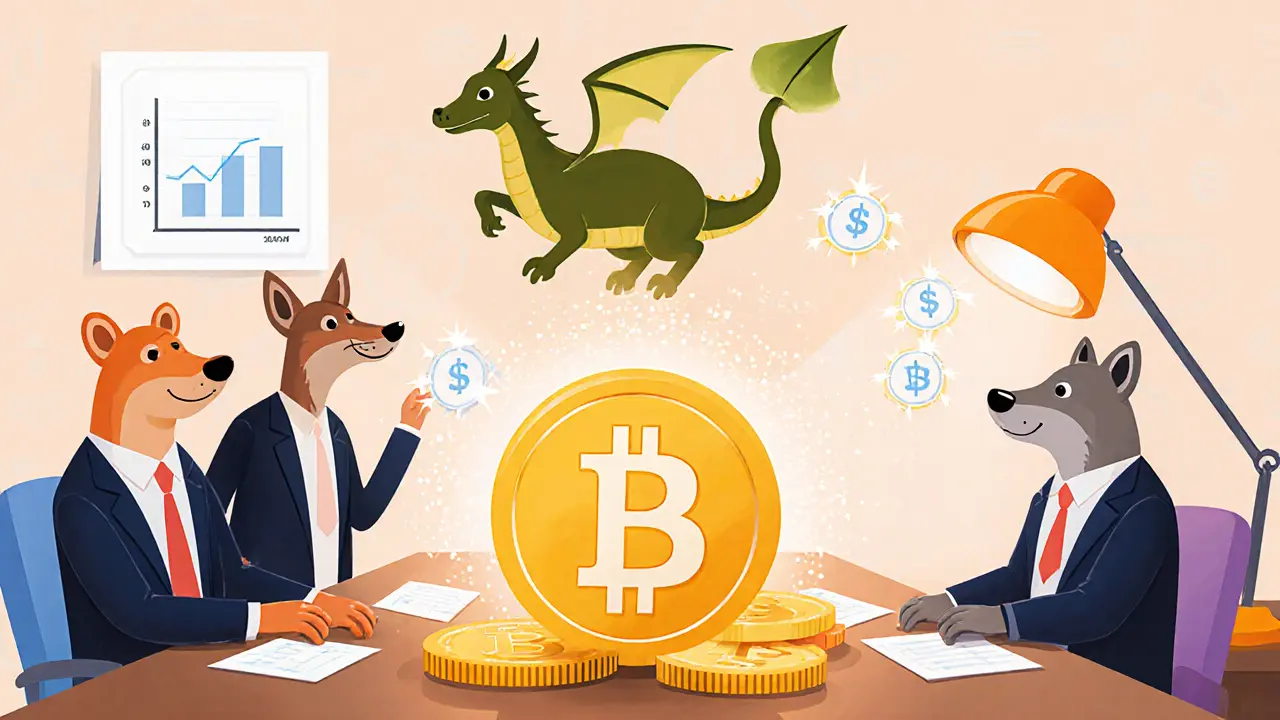 Directeurs approuvant une grosse pièce de crypto, accompagnés d’un dragon Taproot.