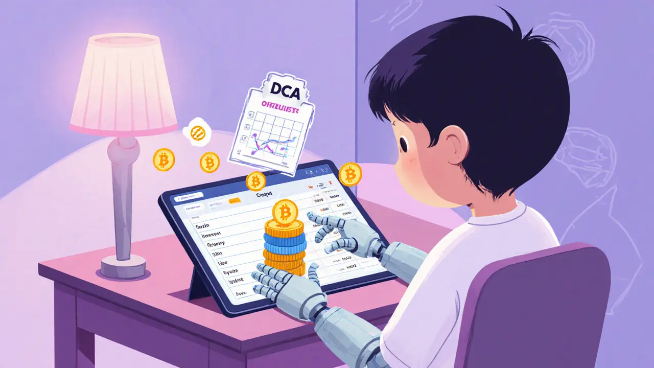 Enfant à un bureau avec robot automatisant les achats de cryptomonnaies, suivant une checklist.