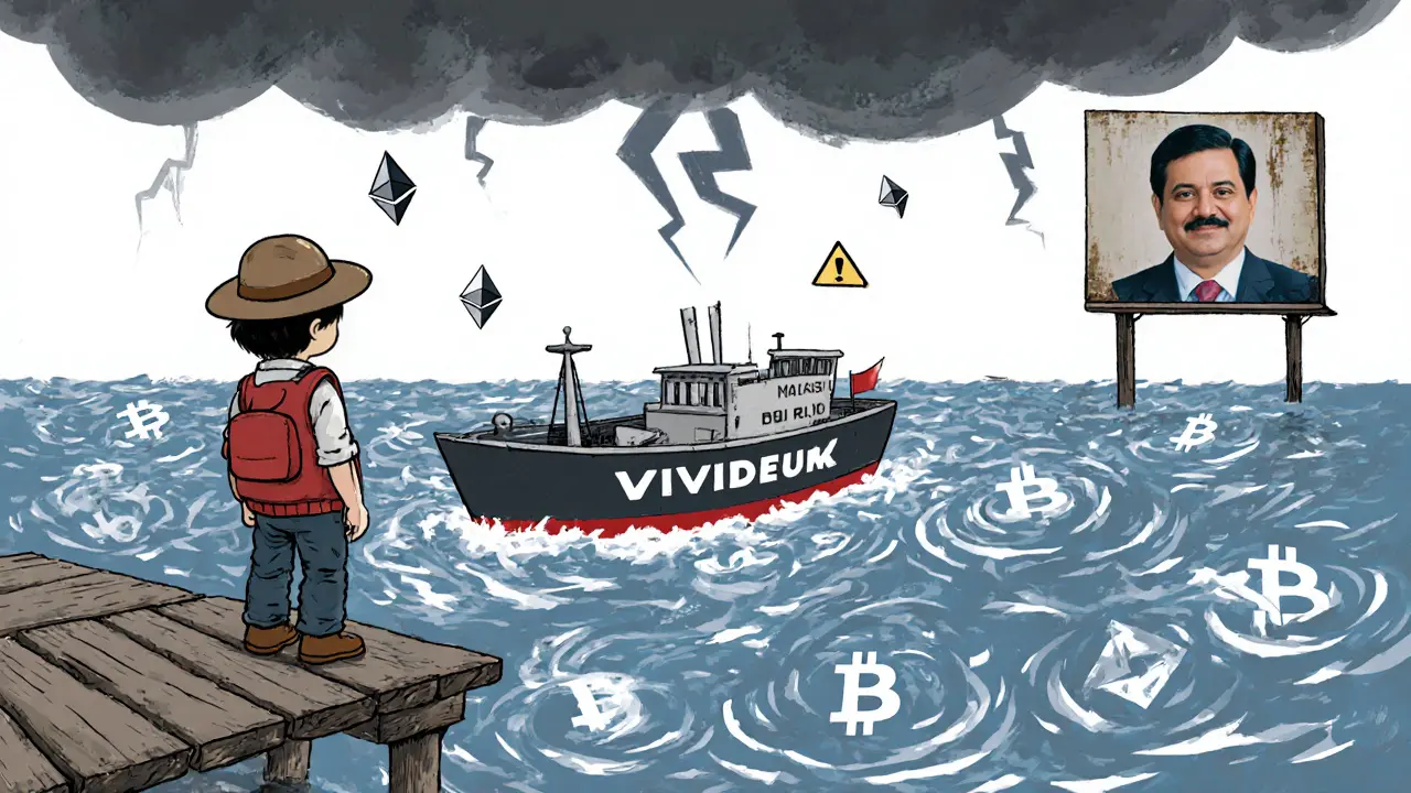 Enfant cartoon observant un petit bateau VIVEK naviguer dans une mer agitée de symboles cryptographiques.