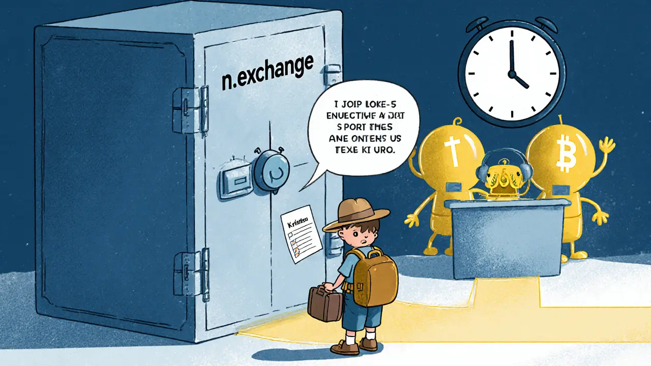 Enfant inquiet devant un coffre verrouillé n.exchange avec documents KYC, montre d’attente longue; alternatives sûres à côté.