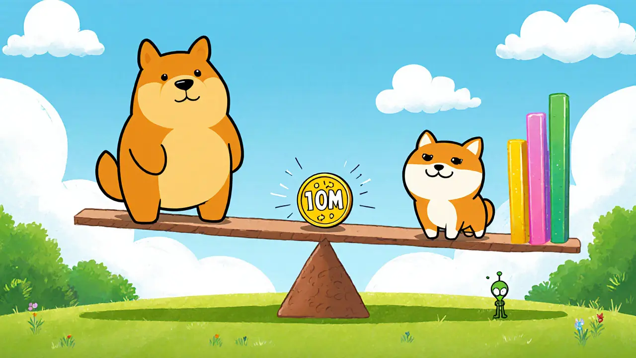 Personnages cartoon de VIVEK, Dogecoin et Shiba Inu sur une balance montrant la taille minuscule de VIVEK.