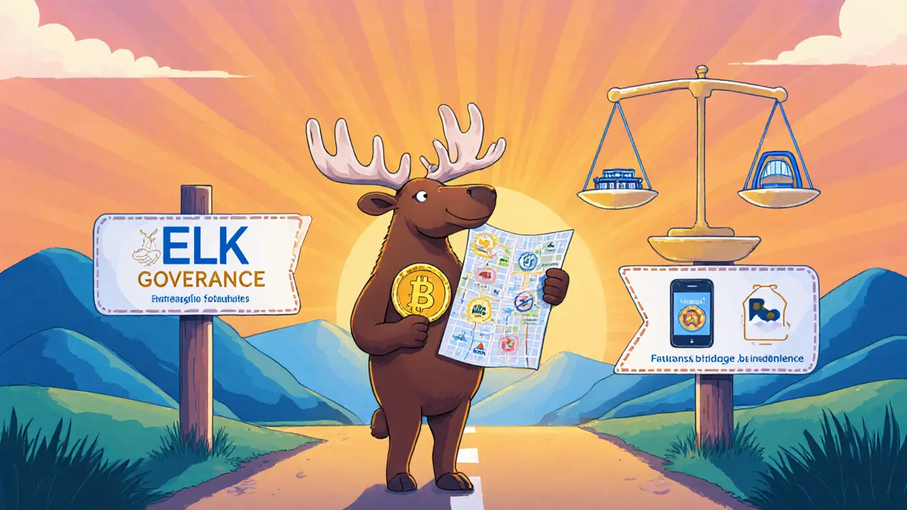 Scène d’un élan comparant Elk Finance à d’autres DEX, avec des balances et des icônes de roadmap futuriste.
