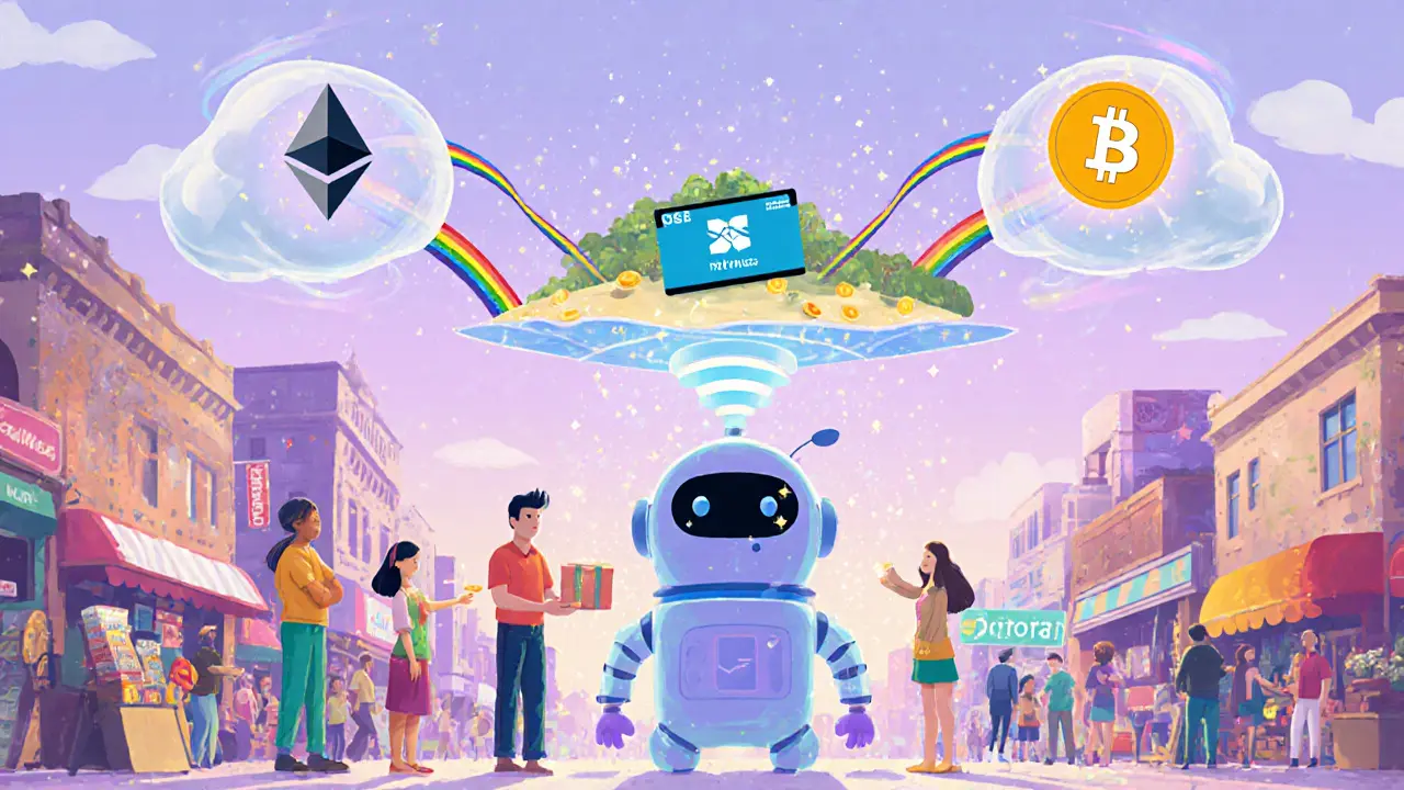 Scène futuriste avec un hub robotisé relie paiements instantanés entre différents utilisateurs.