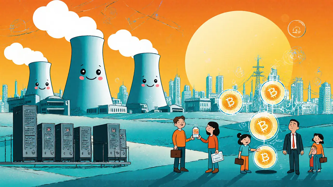 Scène optimiste de partage d’énergie entre le réseau national et les mines de crypto.