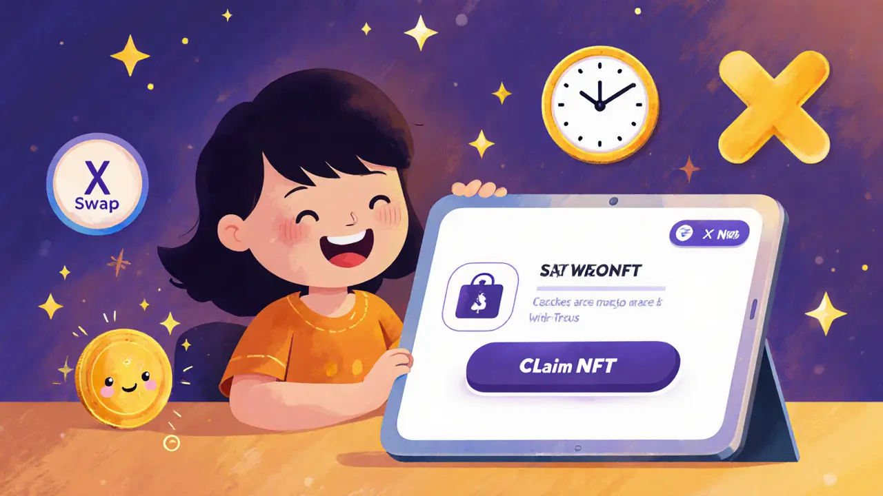 Enfant suivant un guide coloré pour connecter son portefeuille X et réclamer un NFT.
