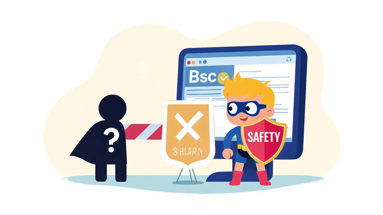 Enfant super‑héros protégeant contre les arnaques, vérifiant le NFT sur BscScan.