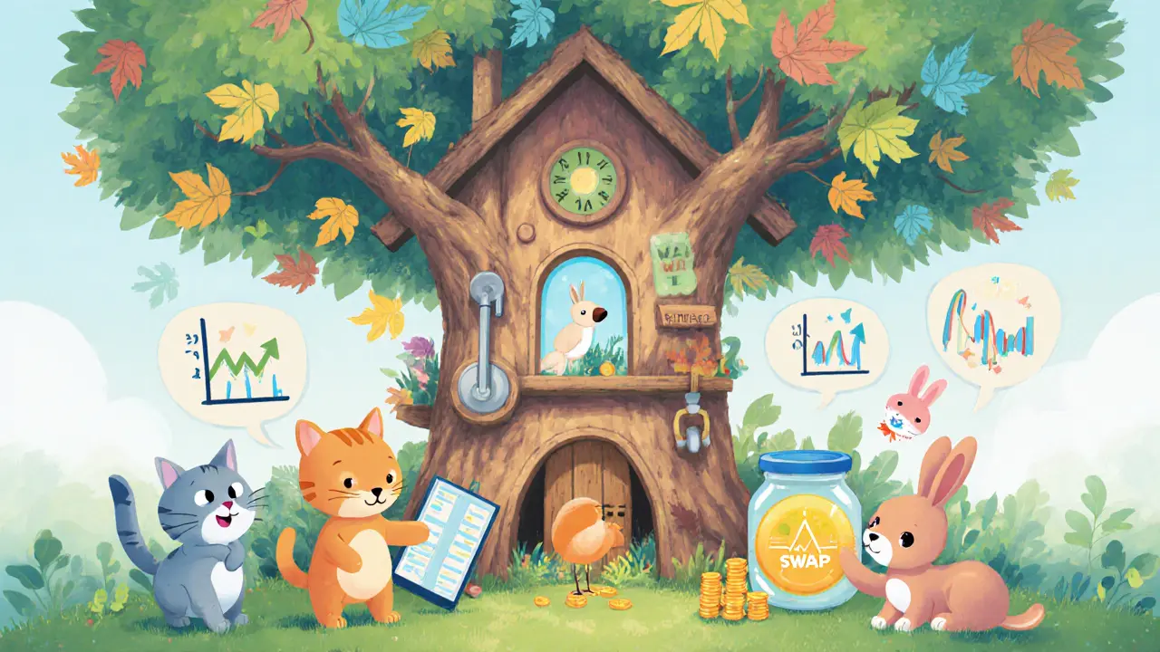 Enfants animaux commerçant crypto sur un arbre‑maison, avec spot, futures et staking.