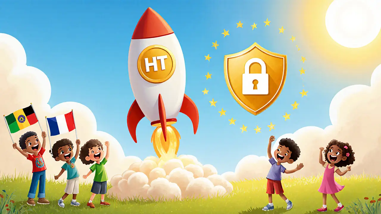 Fusée token HT décollant, entourée d’enfants du monde entier.