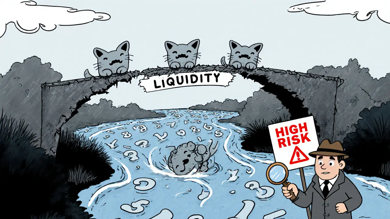 Pont fragile nommé «Liquidity» avec des tokens chat qui tombent, détective montrant un panneau «High Risk».