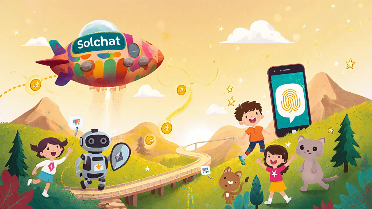 Carte illustrée du futur Solchat 2.0 avec ponts cross‑chain, IA de modération et mobile biométrique.