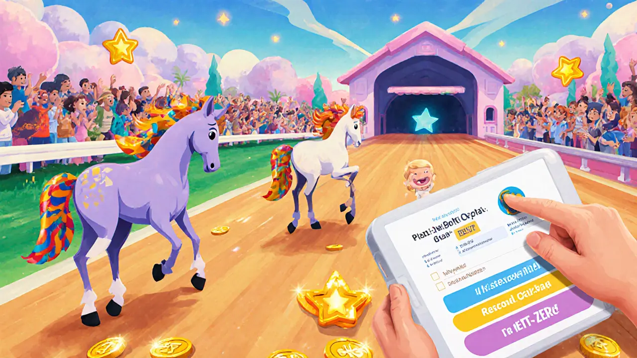Course de chevaux NFT où les enfants misent des pièces ZERC dans un jeu.