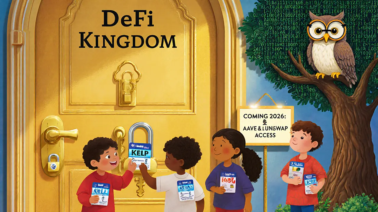 Des enfants insèrent une clé KELP dans une porte dorée marquée 'DeFi Kingdom'.