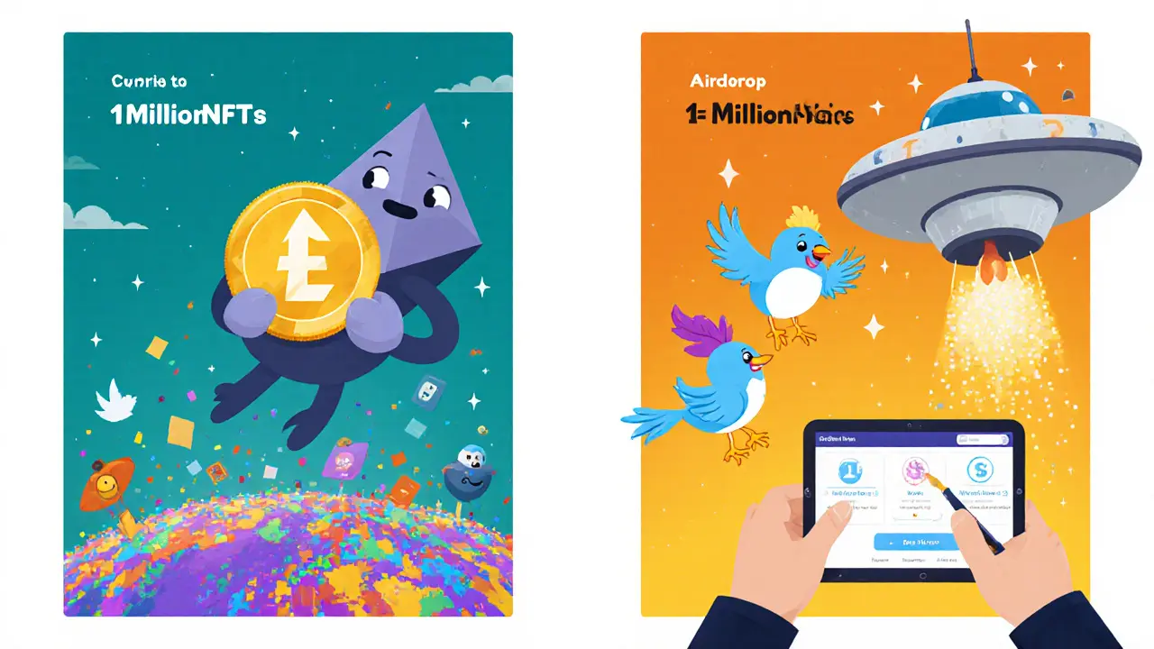 Deux scènes: toile 1MillionNFTs avec Ethereum et jeton 1MIL, et oiseaux recevant des NFT de Monad.