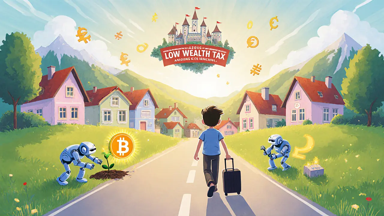 Enfant avec valise se dirige vers Zoug, accompagné de robots représentant le staking et le mining, sous un ciel d’aube.