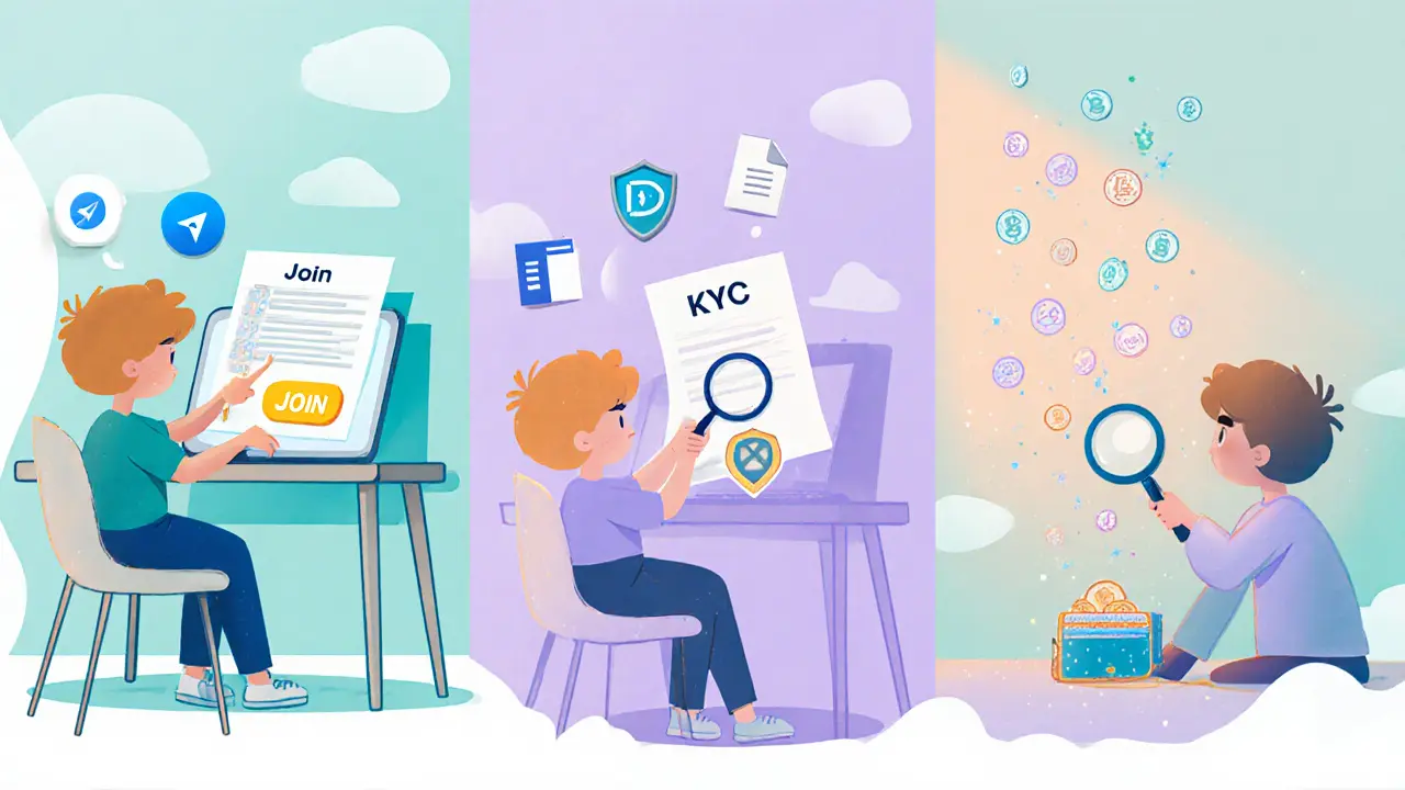 Enfant suit les étapes d'inscription, KYC et reçoit des jetons dans un portefeuille.
