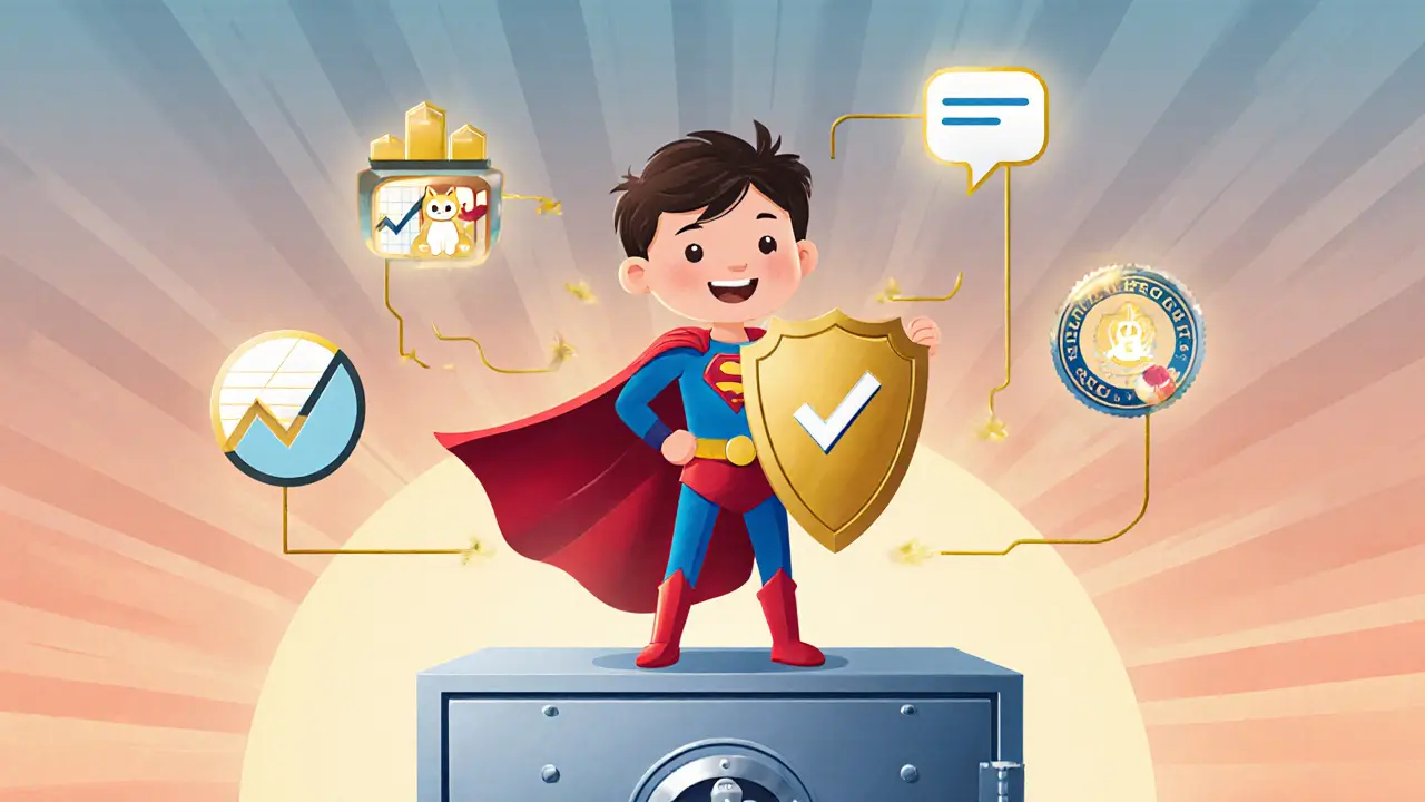 Enfant super‑héros montre une liste de conseils pour éviter les arnaques crypto.