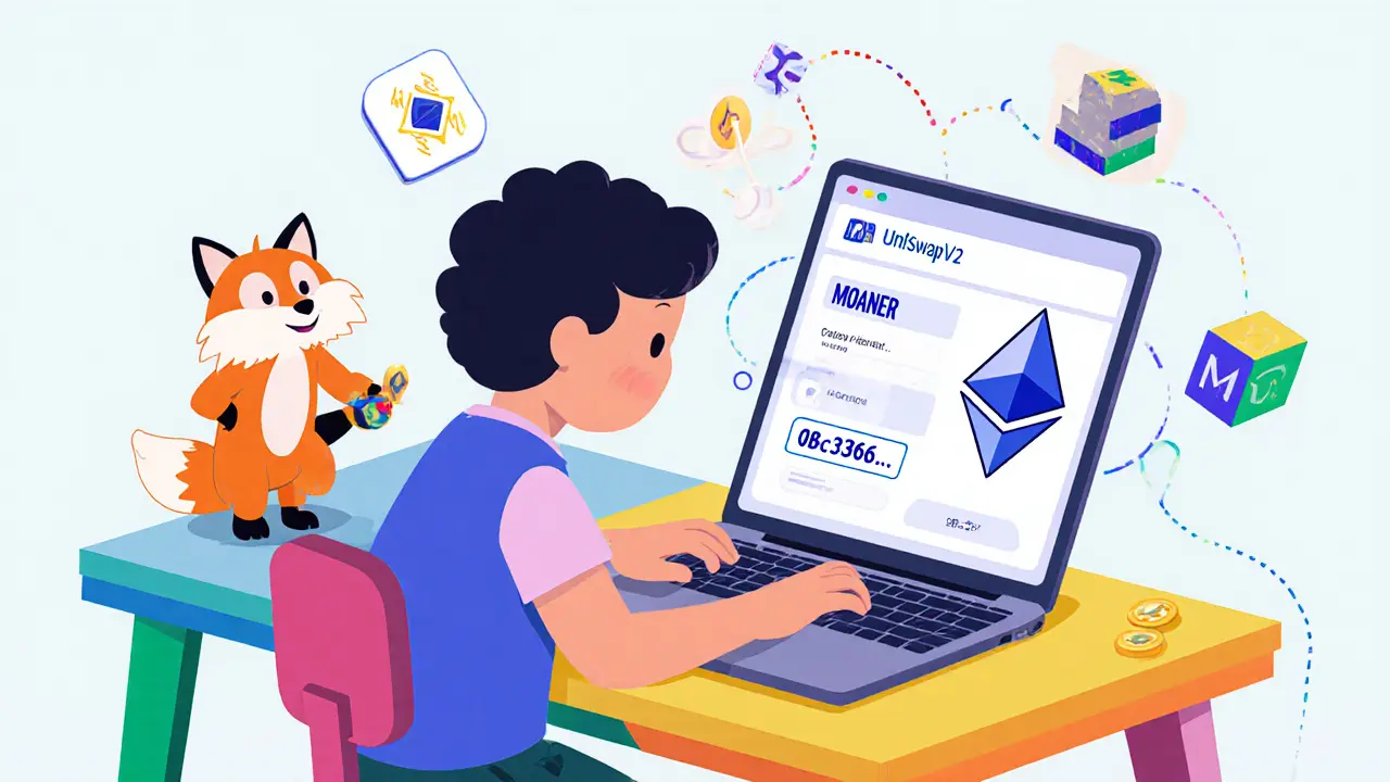 Enfant utilise un ordinateur avec l'interface de UniswapV2 et le token MOANER.