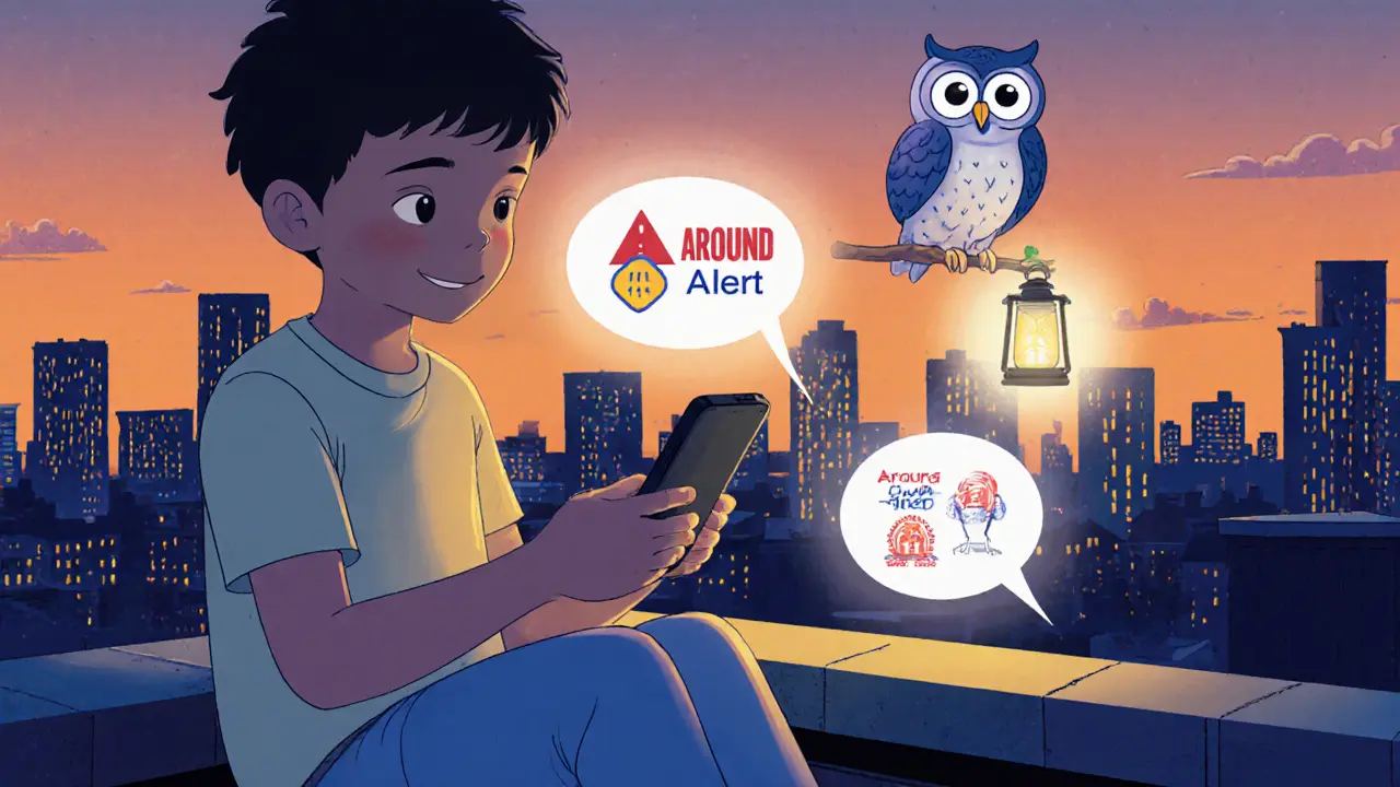 Enfant vigilant regarde des alertes sur son téléphone, guidé par un hibou protecteur.