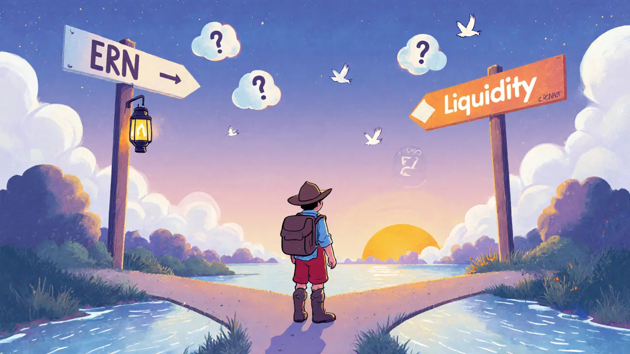 Explorateur hésite entre ERN et EpicChain, symbolisant le rebranding et le risque.
