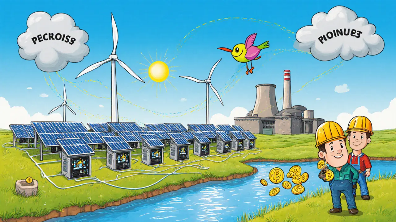 Ferme de minage cartoon alimentée par panneaux solaires et éoliennes sous un ciel lumineux.