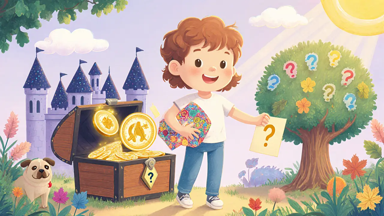 Illustration d'un enfant ouvrant un portefeuille Ethereum, déposant des RFRM dans un coffre de staking et votant sur un arbre.