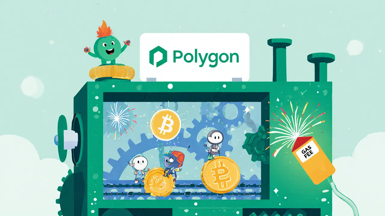 Machine AMM cartoon montre des stablecoins glissant sans frais de gaz.