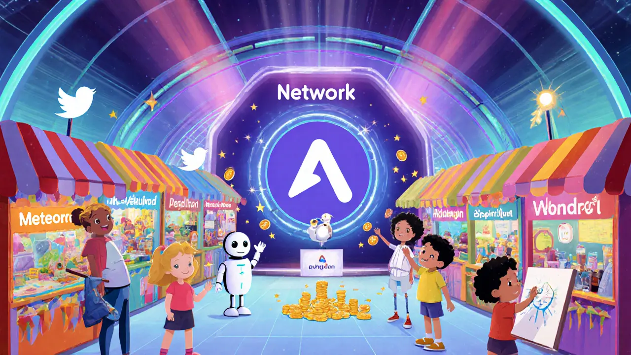 Marché futuriste avec enfants découvrant différents airdrops autour du hub d’Around Network.