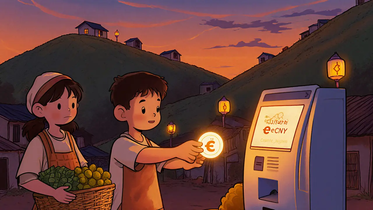 Marché rural où un commerçant accepte un paiement e‑CNY hors ligne avec un terminal portable.