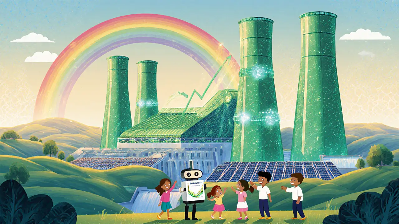 Paysage futuriste montrant une grande ferme de minage verte et des enfants heureux.