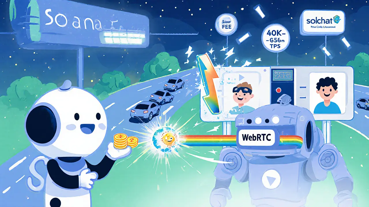 Personnage de portefeuille donnant des jetons CHAT à un robot WebRTC, illustrant frais bas et vitesse.