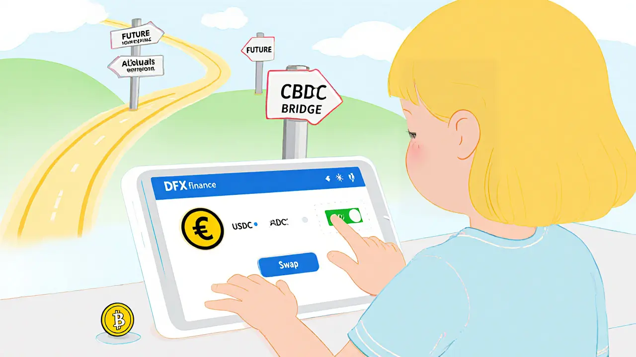 Petite fille utilise une tablette DFX pour swapper USDC en EUR‑C.