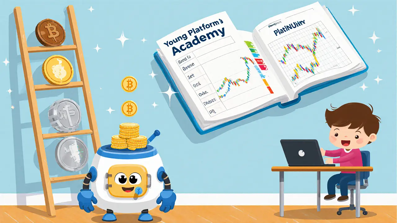 Robot Moneybox versant des pièces, niveaux du Club et livre Academy dans une salle de classe.