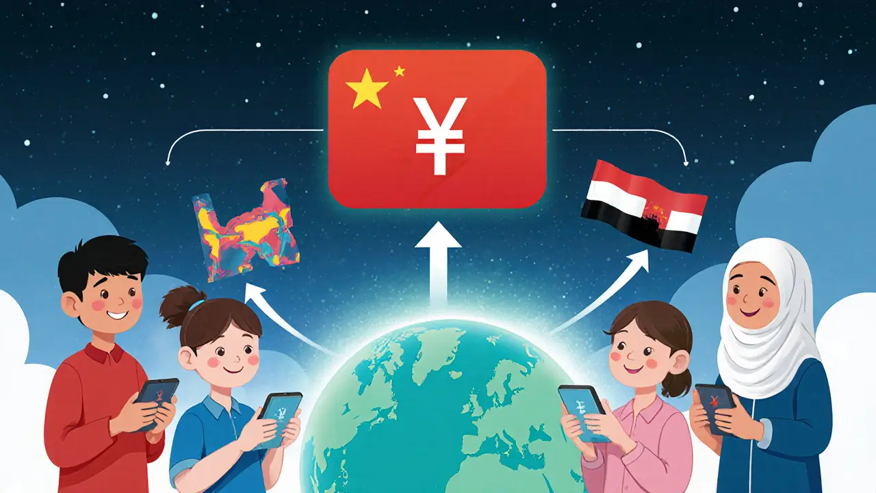 Scène futuriste montrant un porte‑enveloppe numérique rouge et des flèches reliant la Chine à d’autres pays.