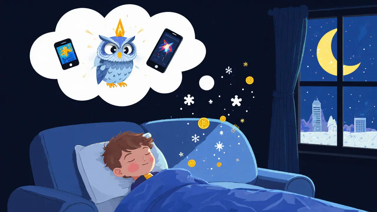 Un créateur dort paisiblement tandis que son œuvre, un hibou magique, est utilisée dans des jeux et des concerts, générant des pièces d'or en rêve.