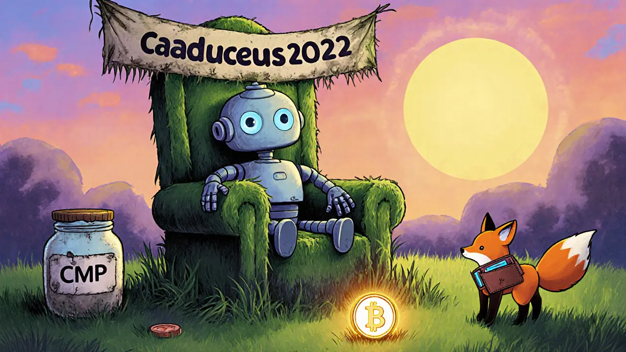 Un robot oublié sur un trône numérique entouré de jarres vides et d'un jeton qui roule.