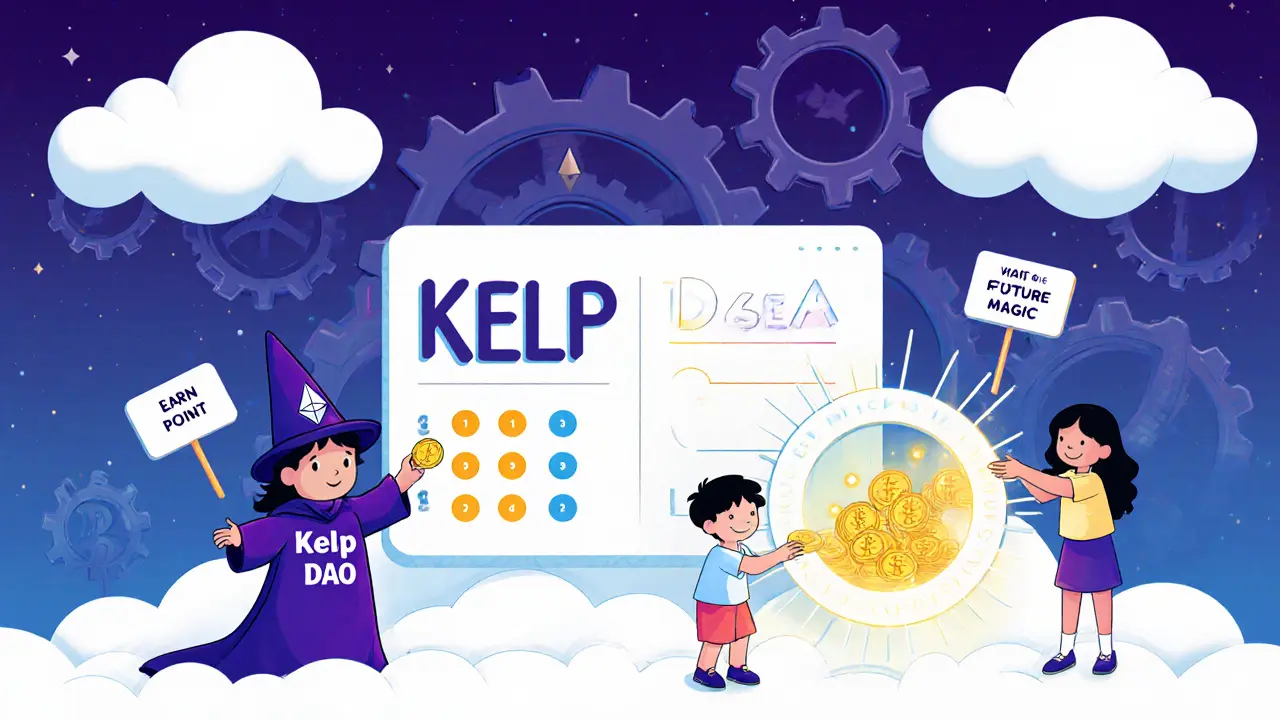 Un sorcier ajoute des points KELP sur un tableau magique tandis que des enfants déposent de l'ETH.