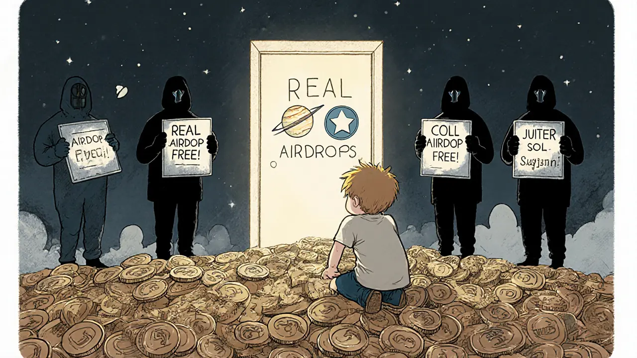 Un trader assis sur des jetons vides regarde une porte lumineuse vers des airdrops réels, tandis que des pièges l'entourent.