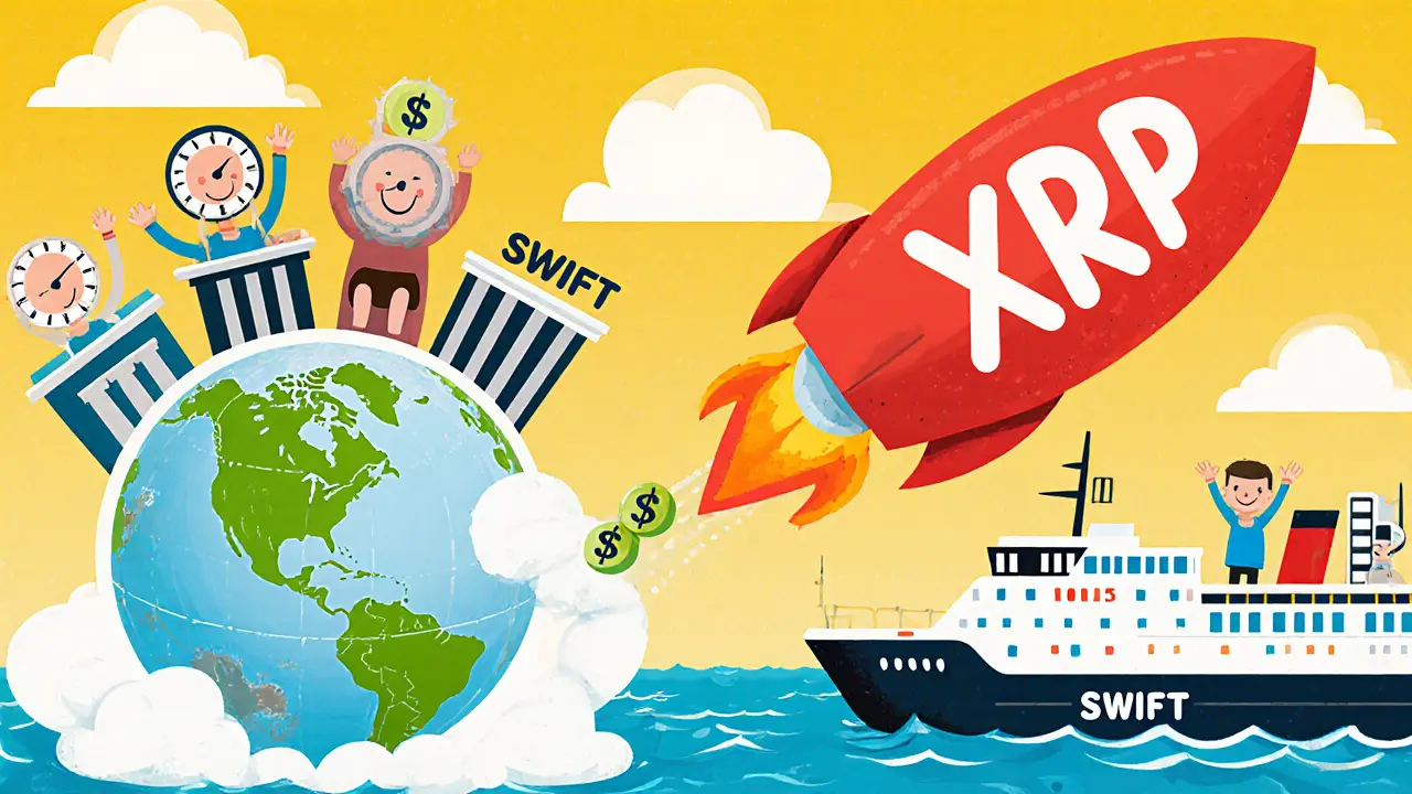 Une fusée XRP rapide traverse le globe, dépassant des navires lents étiquetés SWIFT.